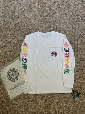Chrome Hearts White Long Sleeve Pocket Tee with Multicolor Sleeve Script